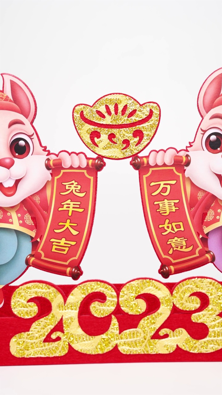 潘观中国兔年吉祥物在白色背景在垂直组成的汉字意味着好运和一切顺利在兔年没有标志没有商标视频下载