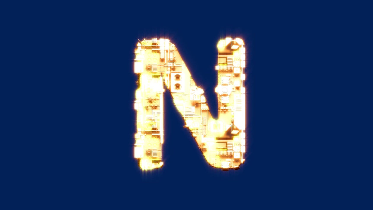字母N -发光的未来控制论金黄色字体，孤立的循环视频视频素材