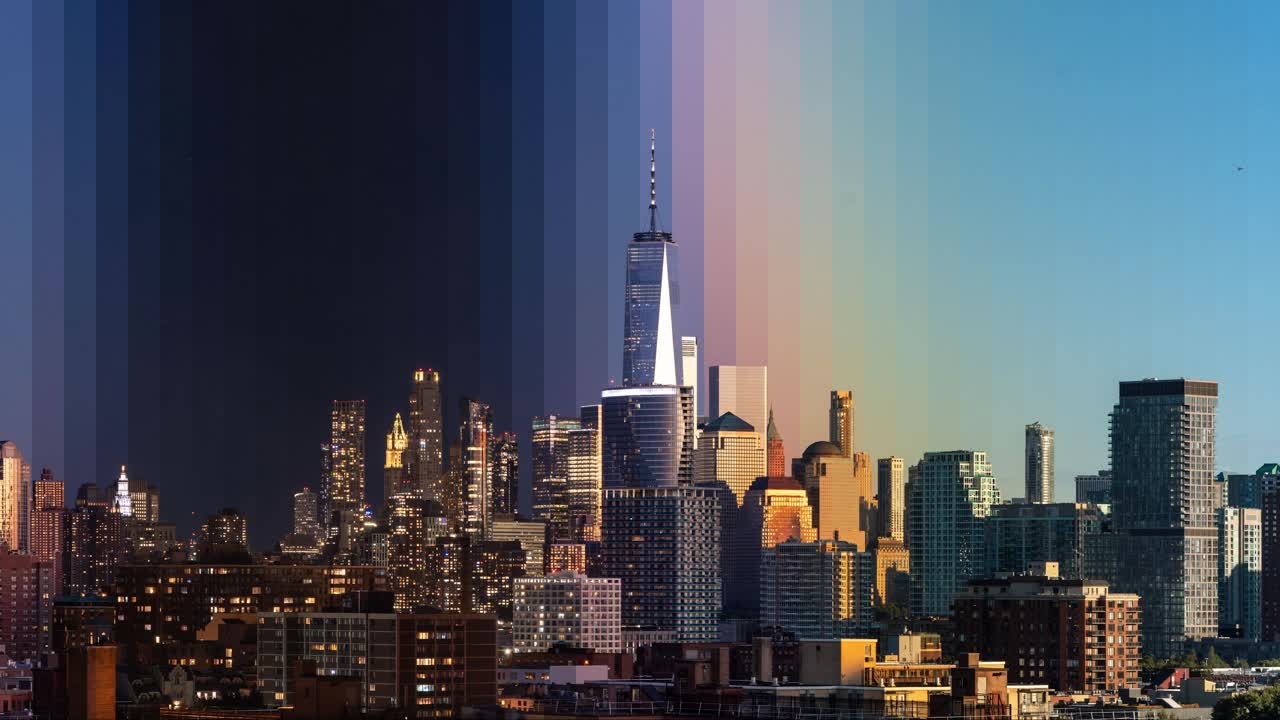 曼哈顿下城的城市景观-白天到夜晚的时间切片视频素材