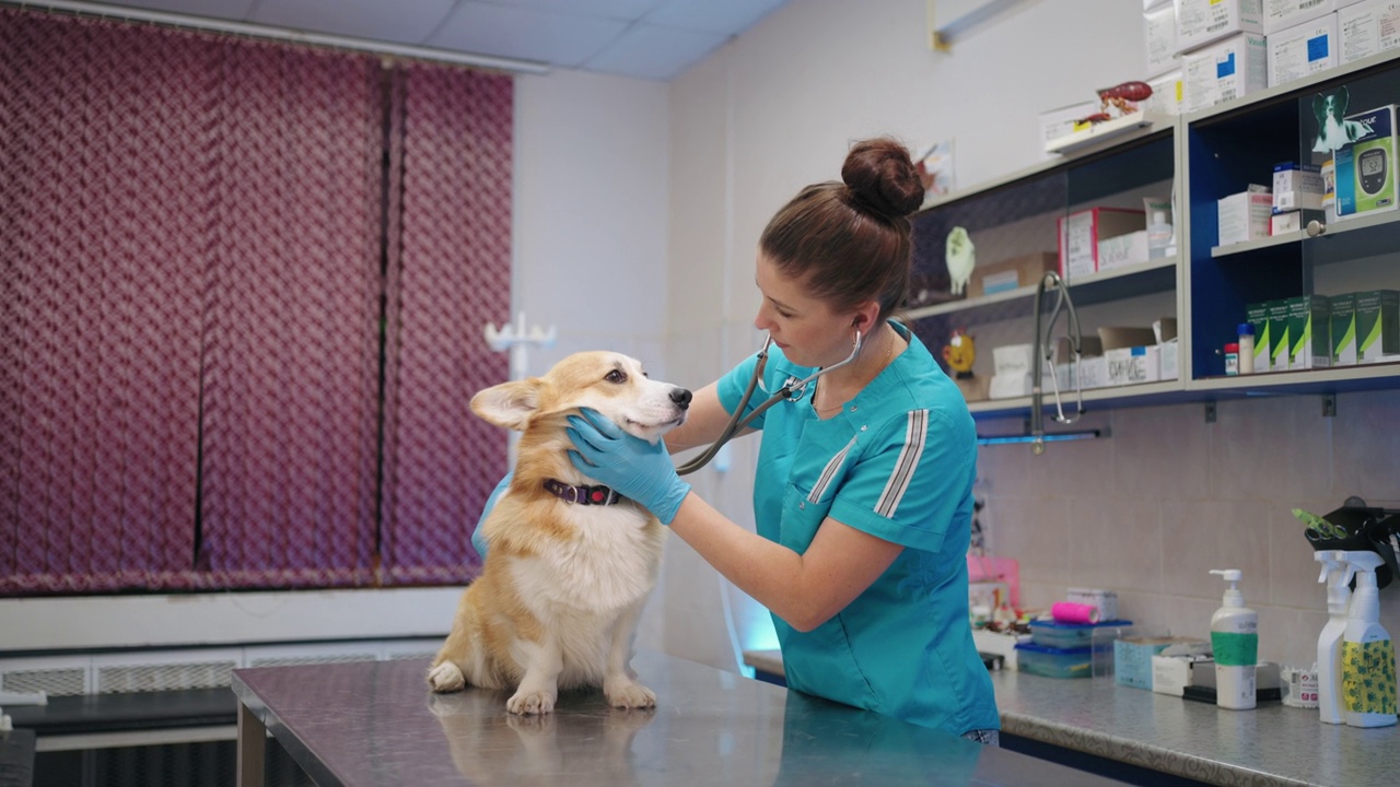 柯基犬在兽医预约时，女兽医正在用听诊器听其心跳视频素材