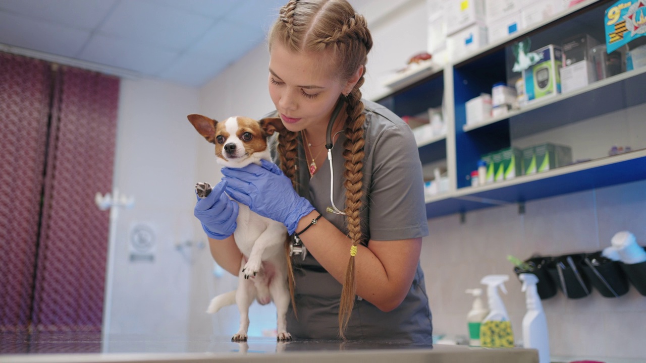 可爱的女兽医正在诊所检查小狗，玩着有趣的玩具梗狗视频素材