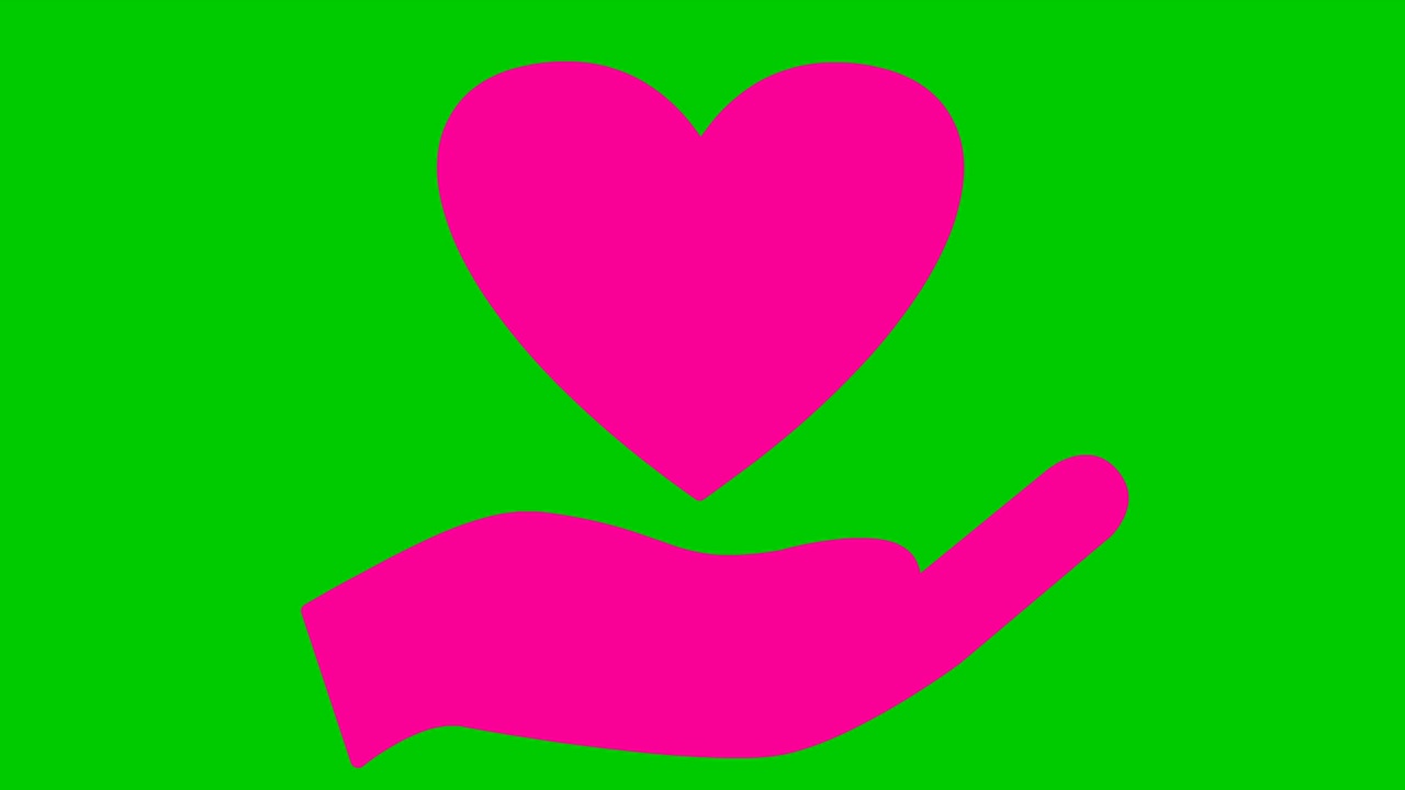 在手掌上动画粉红色跳动的心脏。循环视频的心跳。慈善、健康、医药的理念。矢量插图隔离在绿色背景上。视频素材