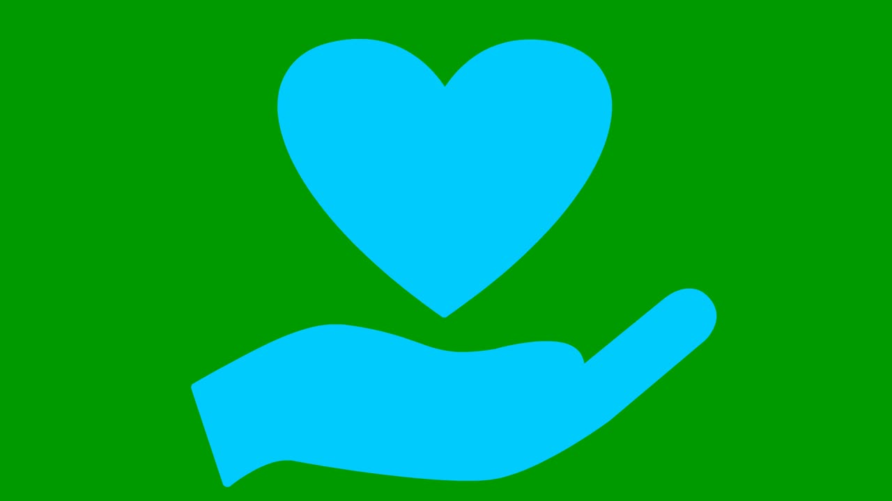 动画蓝色的心脏在手掌上跳动。循环视频的心跳。慈善、健康、医药的理念。矢量插图隔离在绿色背景上。视频素材