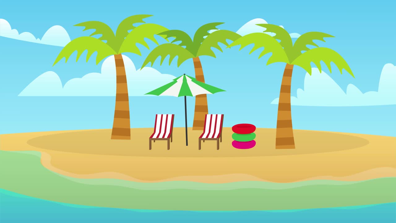 海滩上两个空日光浴床的美丽风景视频下载