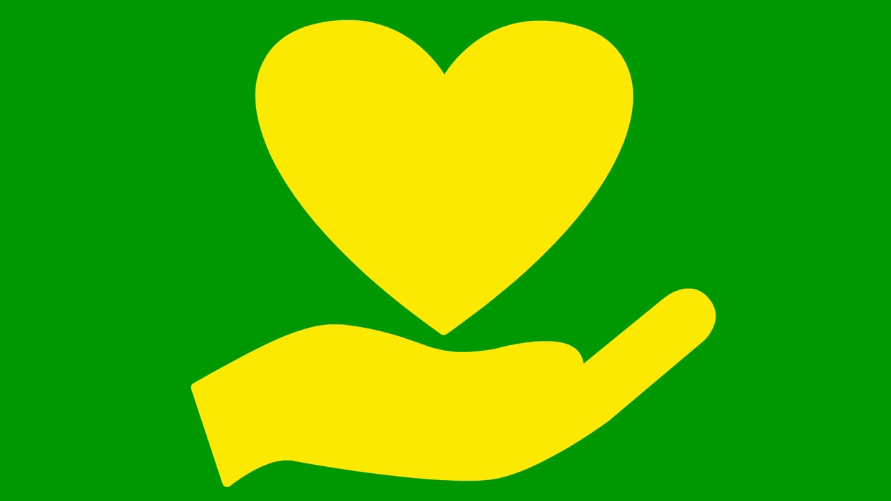 手掌上活生生的黄色跳动的心。循环视频的心跳。慈善、健康、医药的理念。矢量插图隔离在绿色背景上。视频素材