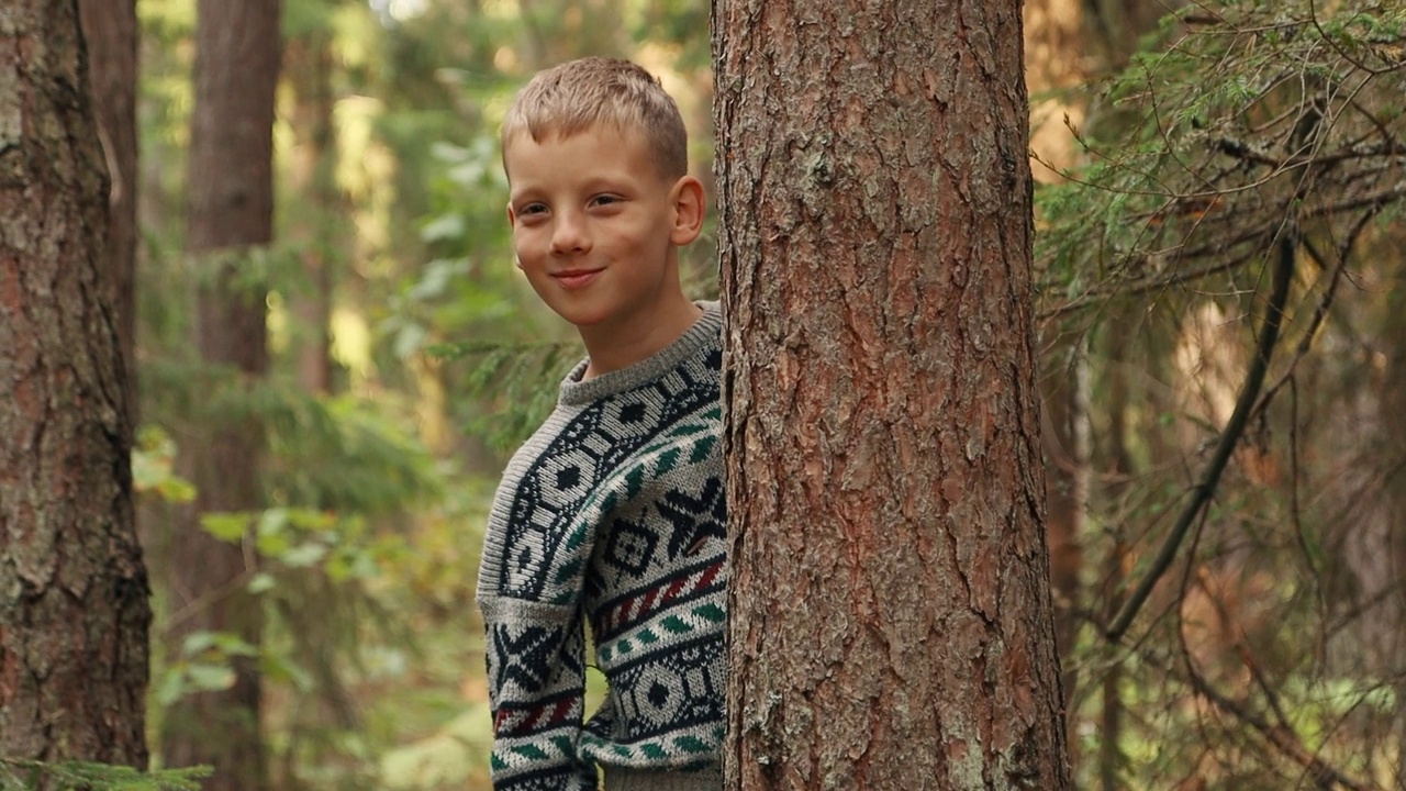 一个快乐的男孩从森林里的一棵树后面向外偷看视频下载