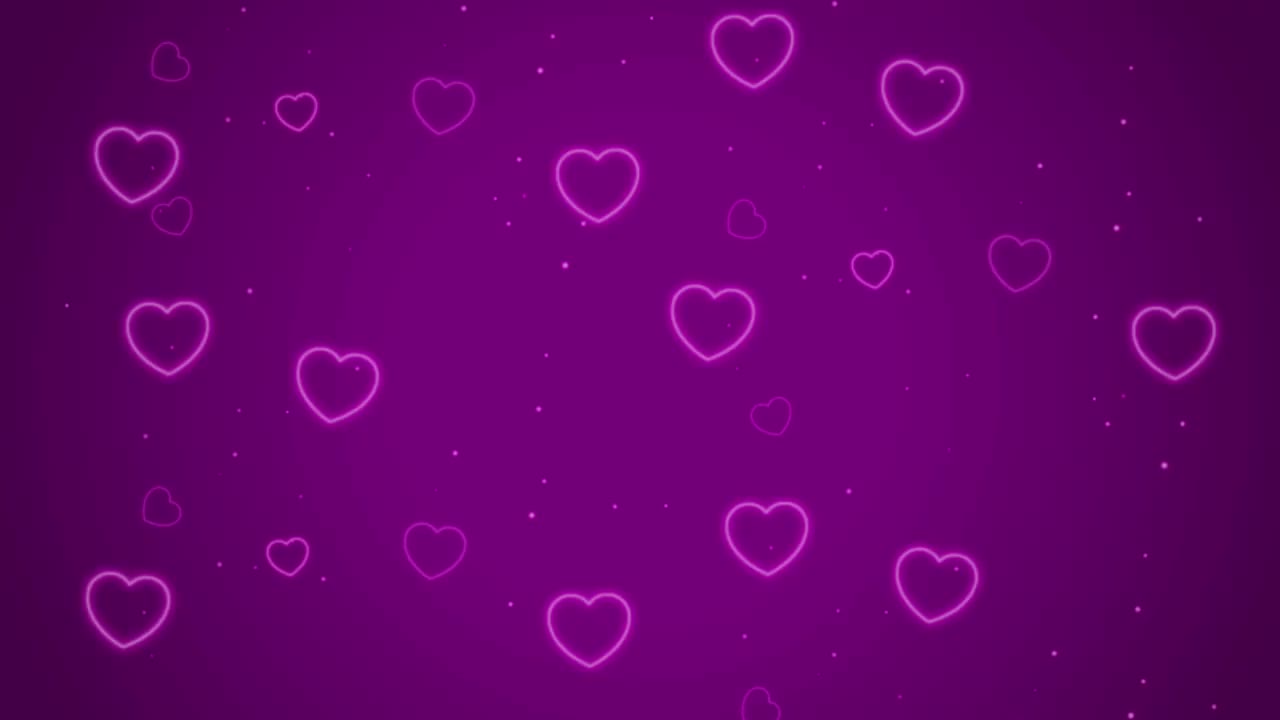 动画白色文字情人节快乐，红色心形，紫色背景。视频素材