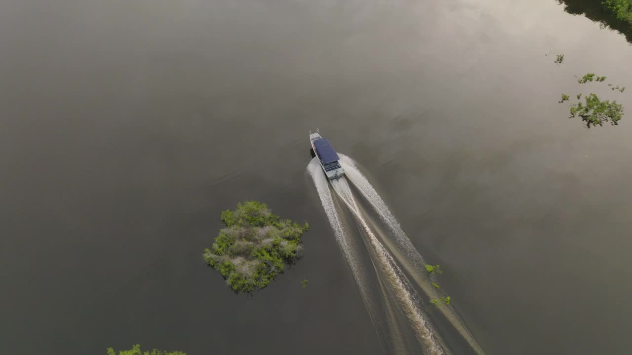 航拍拍摄的摩托艇移动在宁静的亚马逊河森林-马瑙斯，巴西视频下载