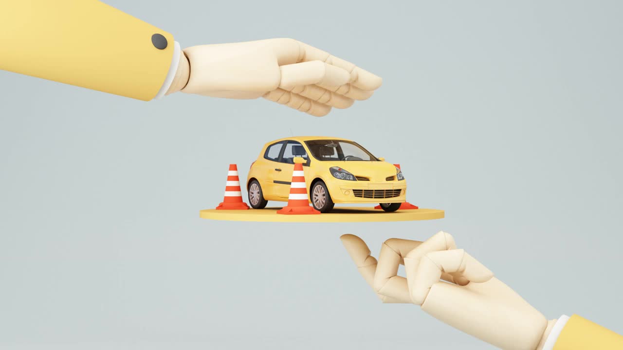 汽车保护与安全保障理念，车险网站横幅设计。黄色的汽车在伞下，黄色的背景上有交通锥和商务手。动画三维渲染视频素材