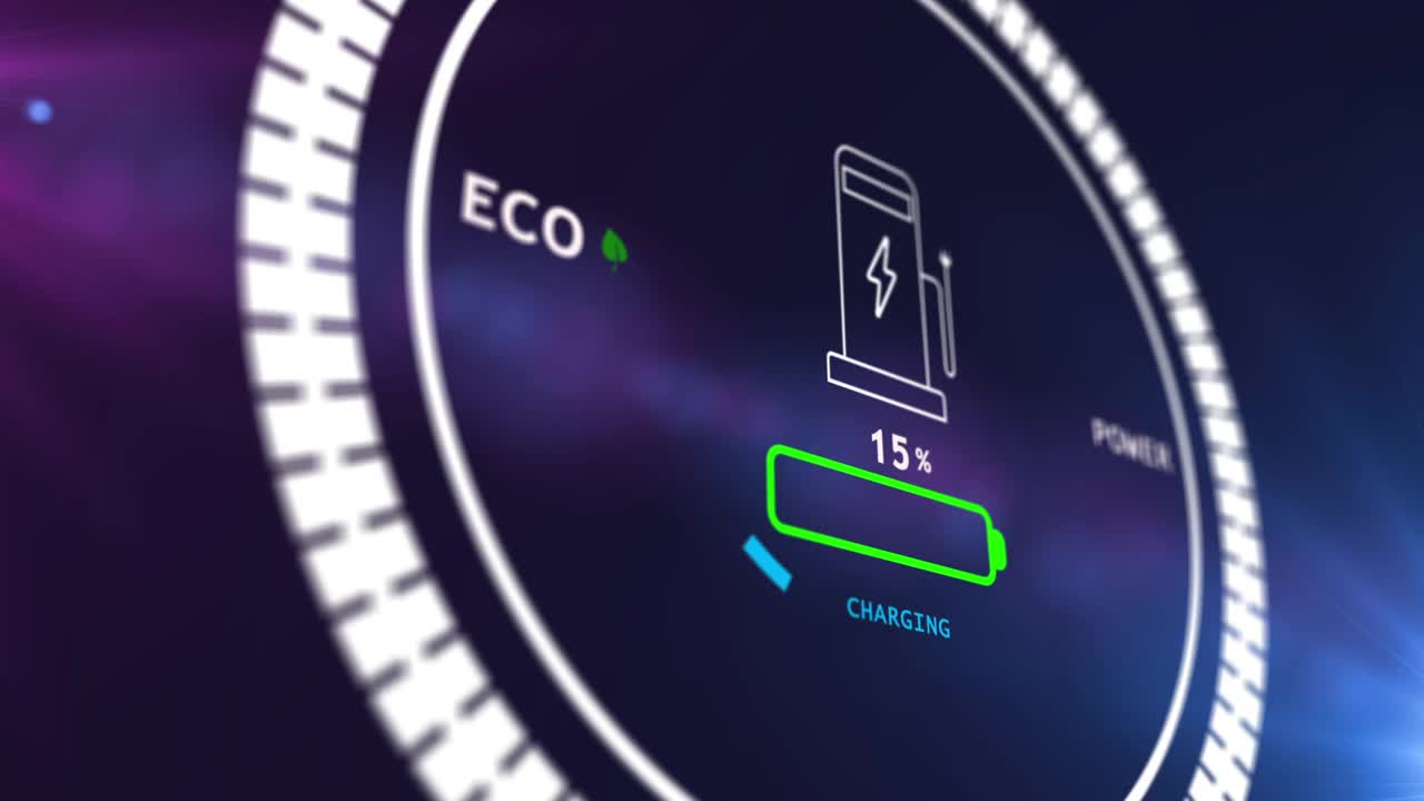 充电数码动画显示电动汽车电池充电过程。充电指示灯显示电动汽车的充电进度。视频素材