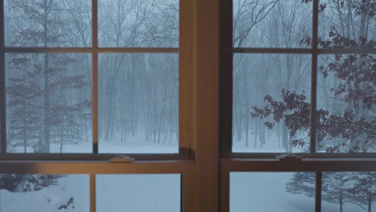 在冬天的夜晚，透过窗户可以看到下雪期间的森林。视频素材