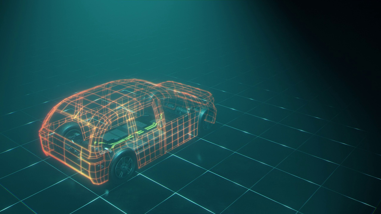 概念电动汽车的线框计算机可视化视频素材