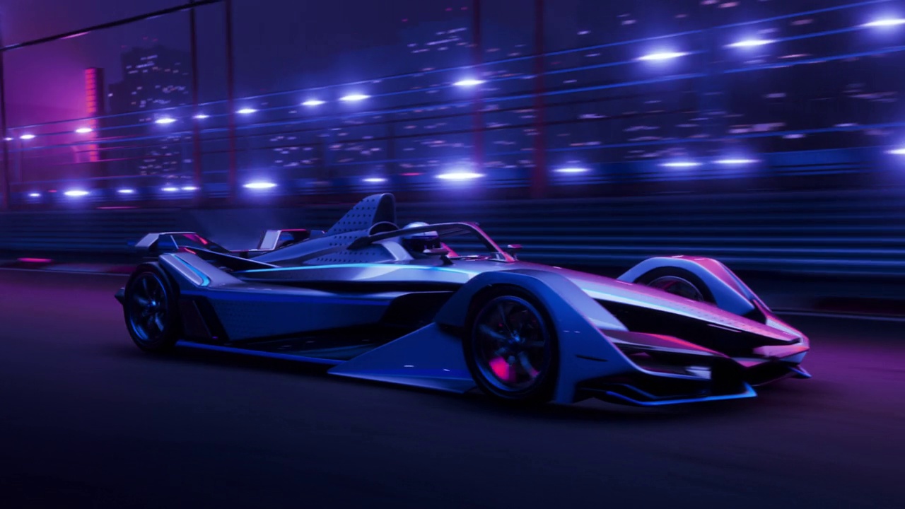 快速加速的高性能电动赛车在夜间霓虹灯下行驶在轨道上。视频素材