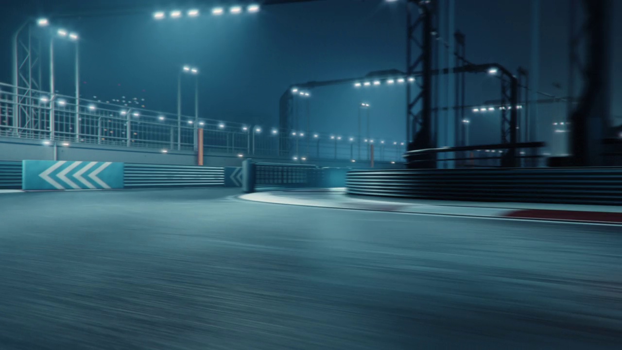 3D动画的快速加速高性能电动赛车是在夜间行驶在轨道上。视频素材