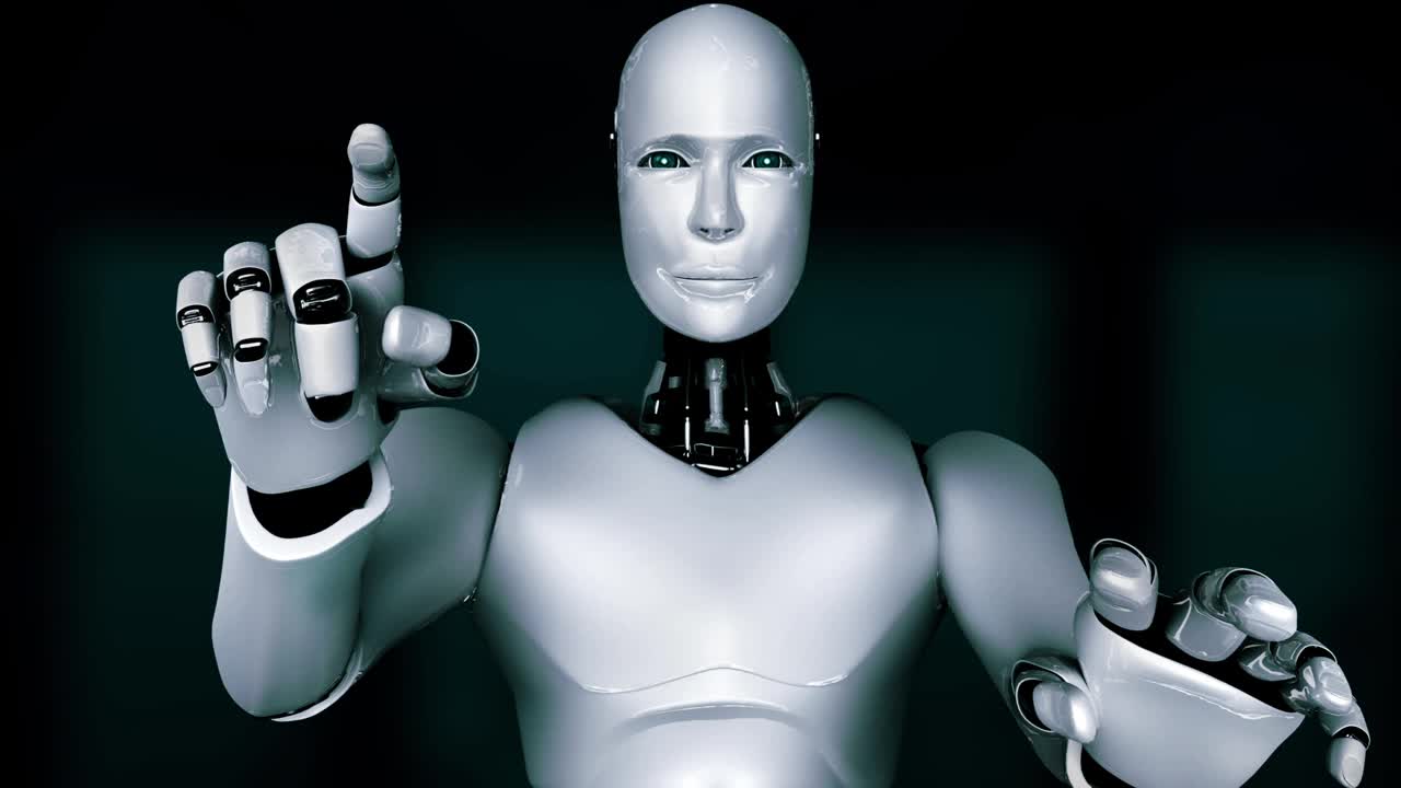 AI类人机器人触摸显示AI大脑概念的虚拟全息图屏幕视频下载
