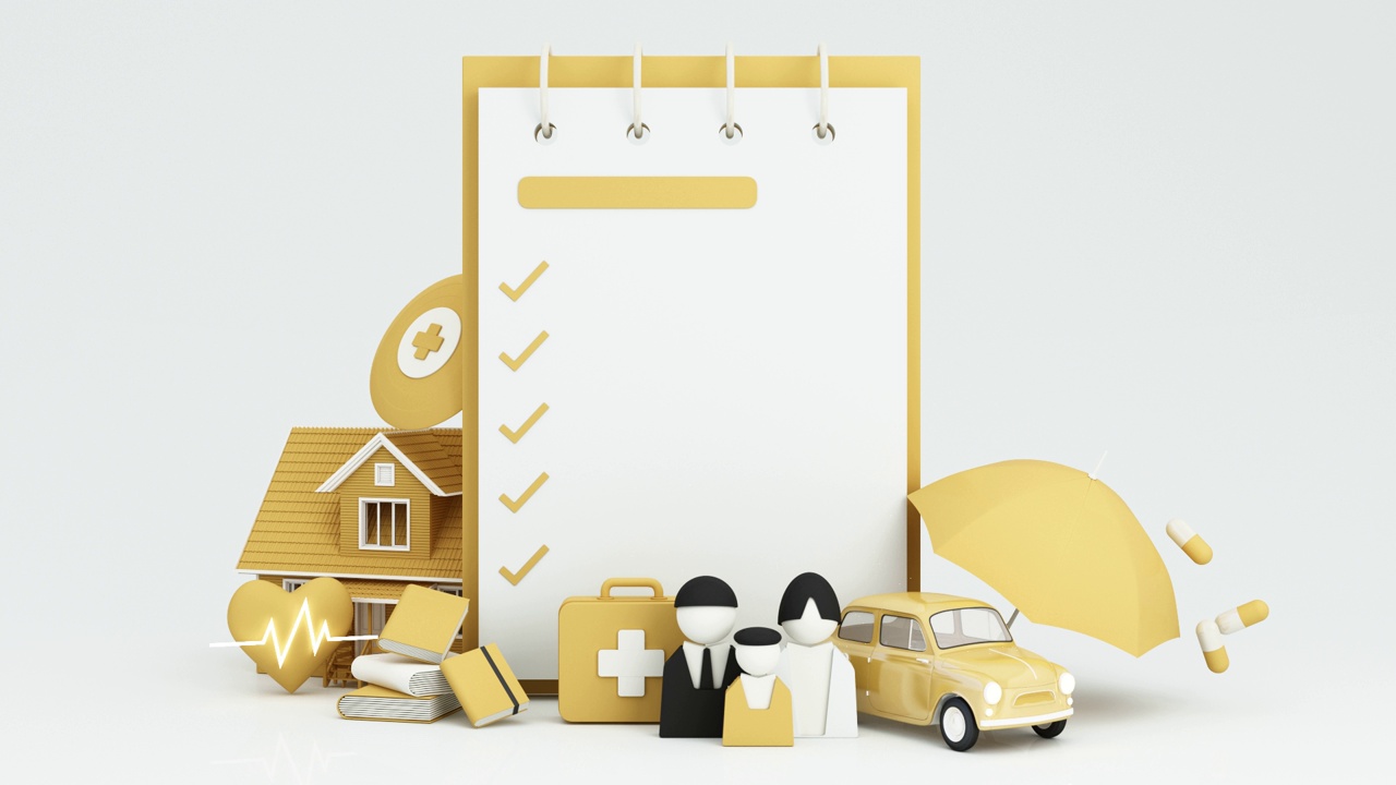 保险公司客户提出完整的保险概念。保险:汽车、房产、旅行、财务、健康、家庭和生活。3d渲染黄色定格动画视频素材