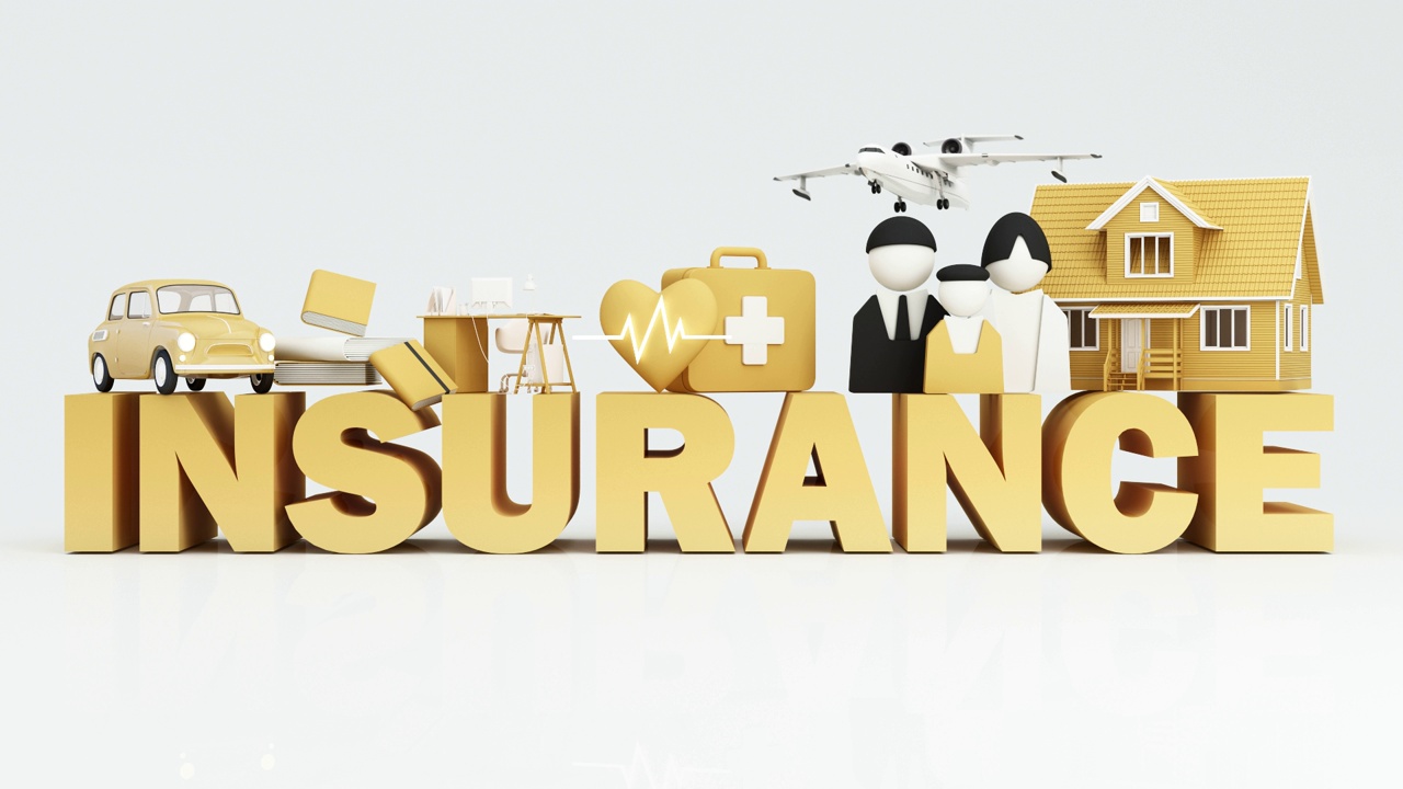 保险公司客户提出完整的保险概念。保险:汽车、房产、旅行、财务、健康、家庭和生活。3d渲染黄色定格动画视频素材