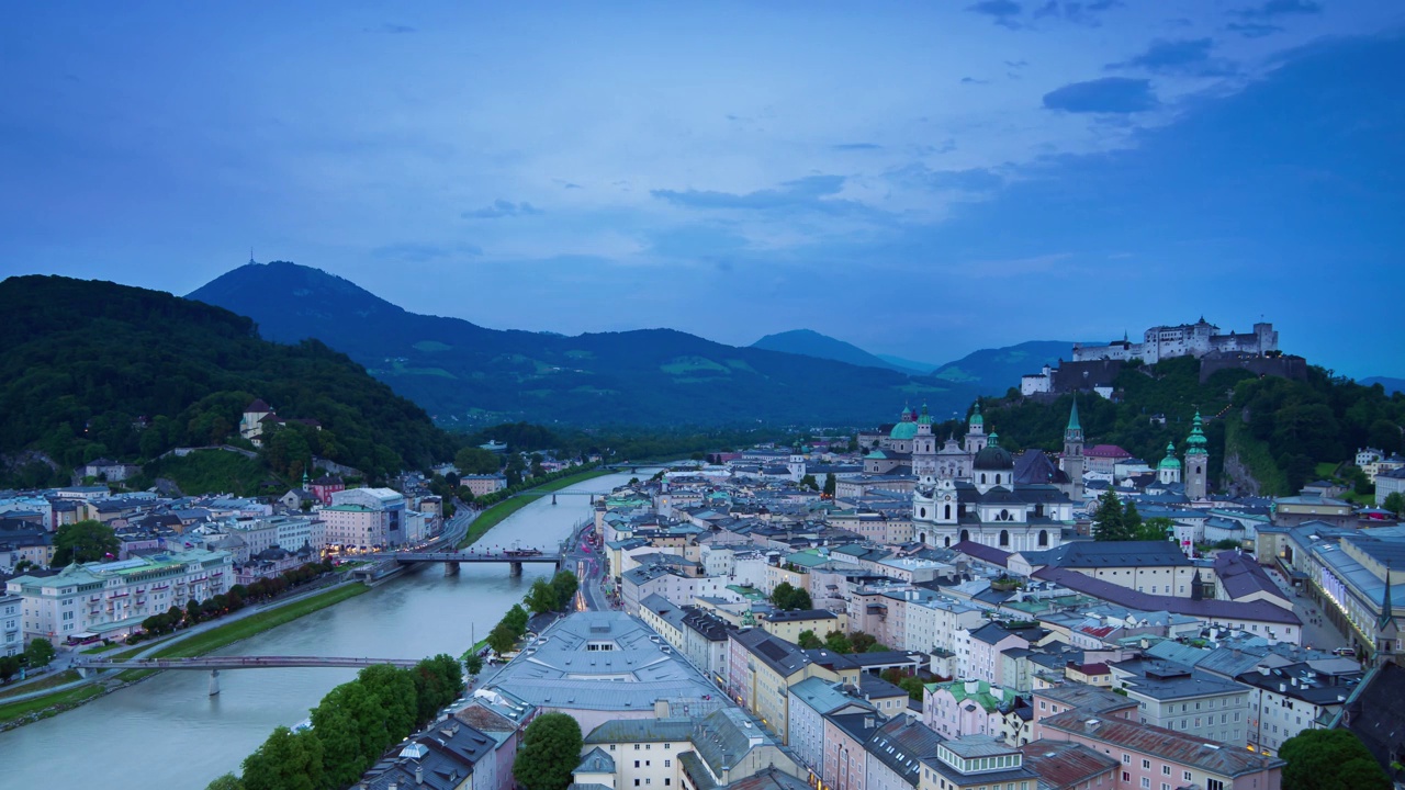 萨尔茨堡市从白天到夜晚的时间流逝奥地利视频下载