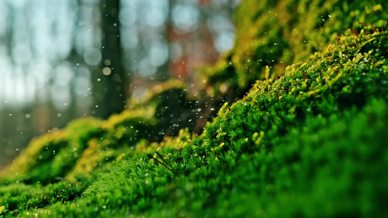 雨点溅在生机勃勃的绿色苔藓上视频下载
