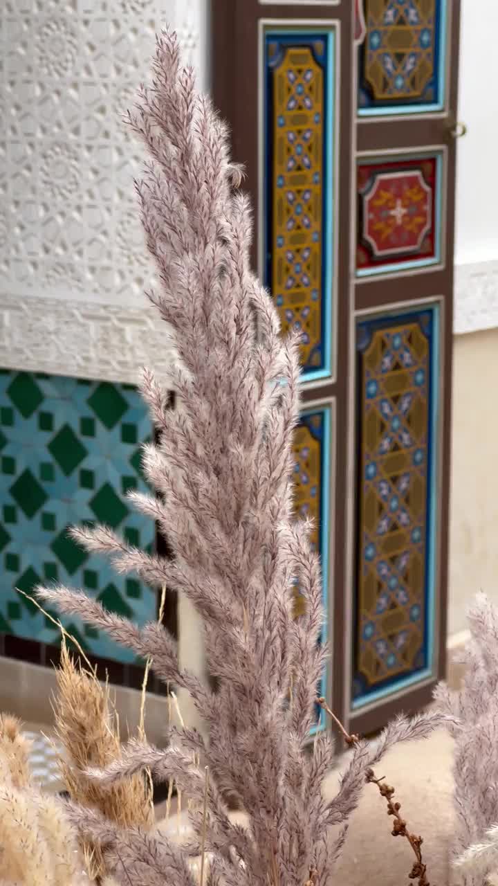 马拉喀什室内灰泥风格的瓷砖和墙壁细节在蓝色和绿色视频素材