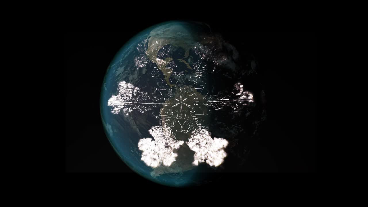 蓝色的地球仪在黑色的背景上旋转。在地球的背景下，一片雪花正在融化。全球变暖和保护自然环境的概念。CG视频下载