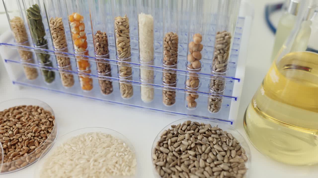 实验室试管中的种子和谷物样品视频素材