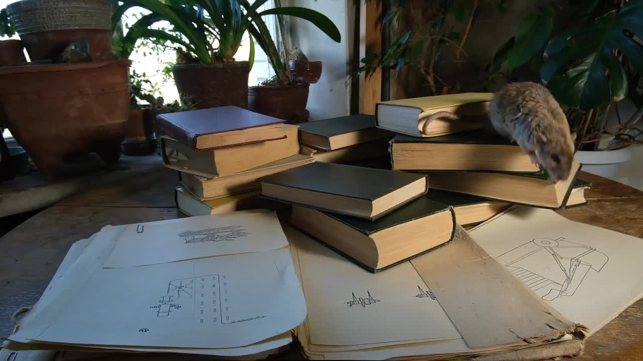 一只灰色的老鼠和一些旧书。视频下载