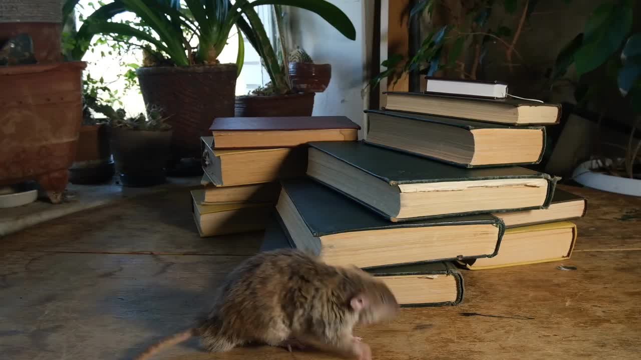 一只灰色的老鼠和一些旧书。视频下载