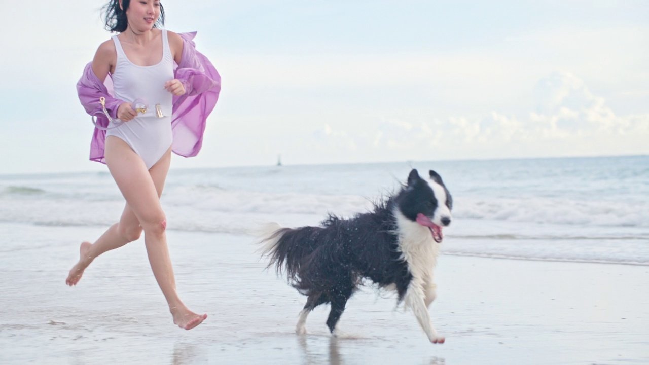 一个美丽的女人在暑假和她的狗在海滩上奔跑。视频购买