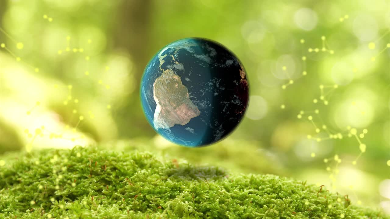 Cg。地球球的模型在绿色苔藓的背景下旋转，并用高光和多边形网络模糊。环境保护。环境政策。关爱子孙后代视频下载
