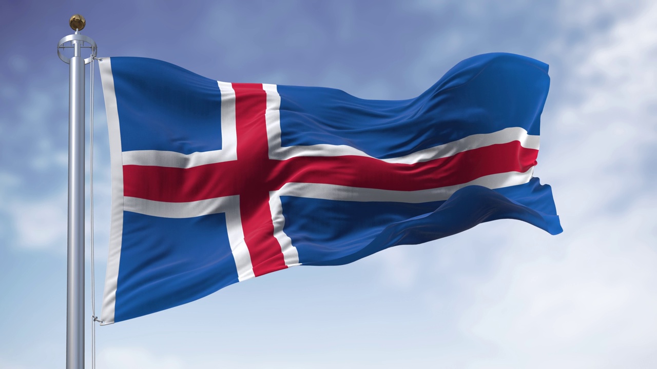 冰岛国旗在风中飘扬的慢动作无缝循环视频素材