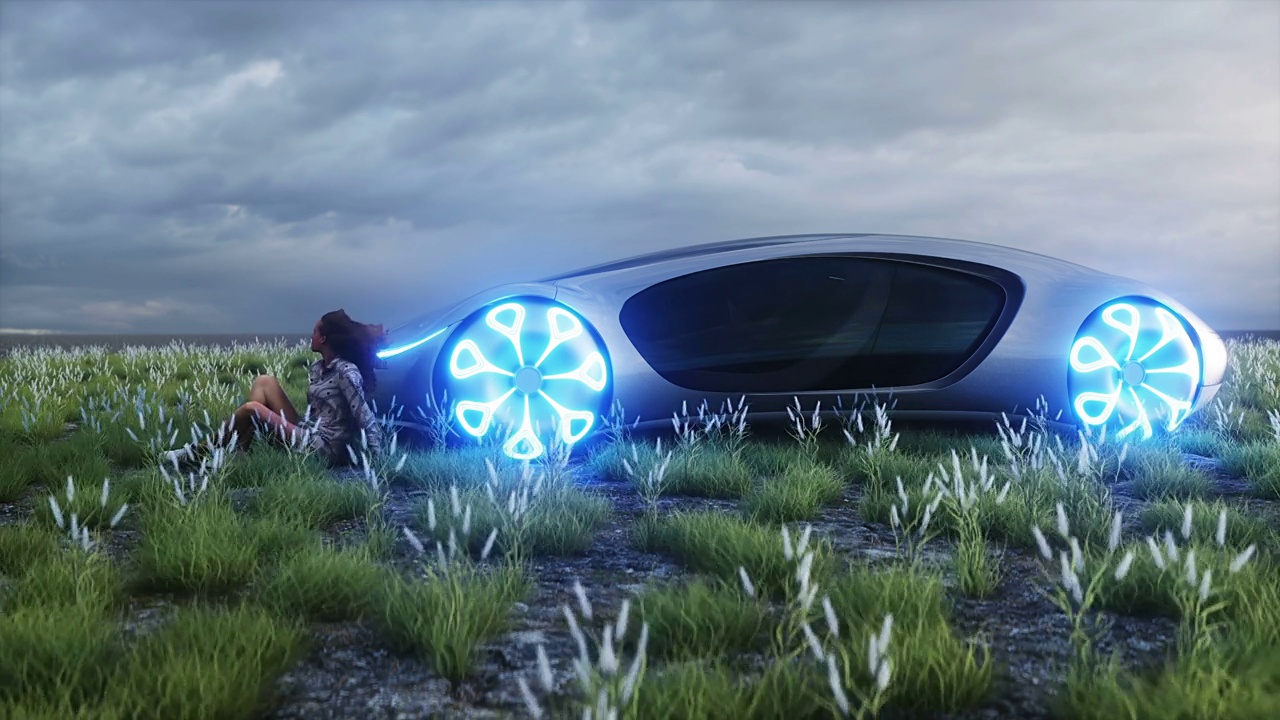 3d女孩和未来的电动汽车在瓦利。未来的概念。逼真的4k动画。视频素材