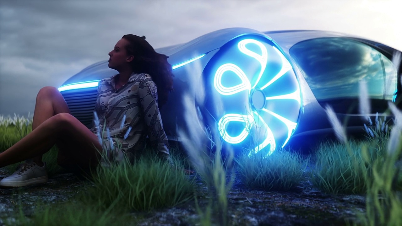 3d女孩和未来的电动汽车在瓦利。未来的概念。逼真的4k动画。视频素材