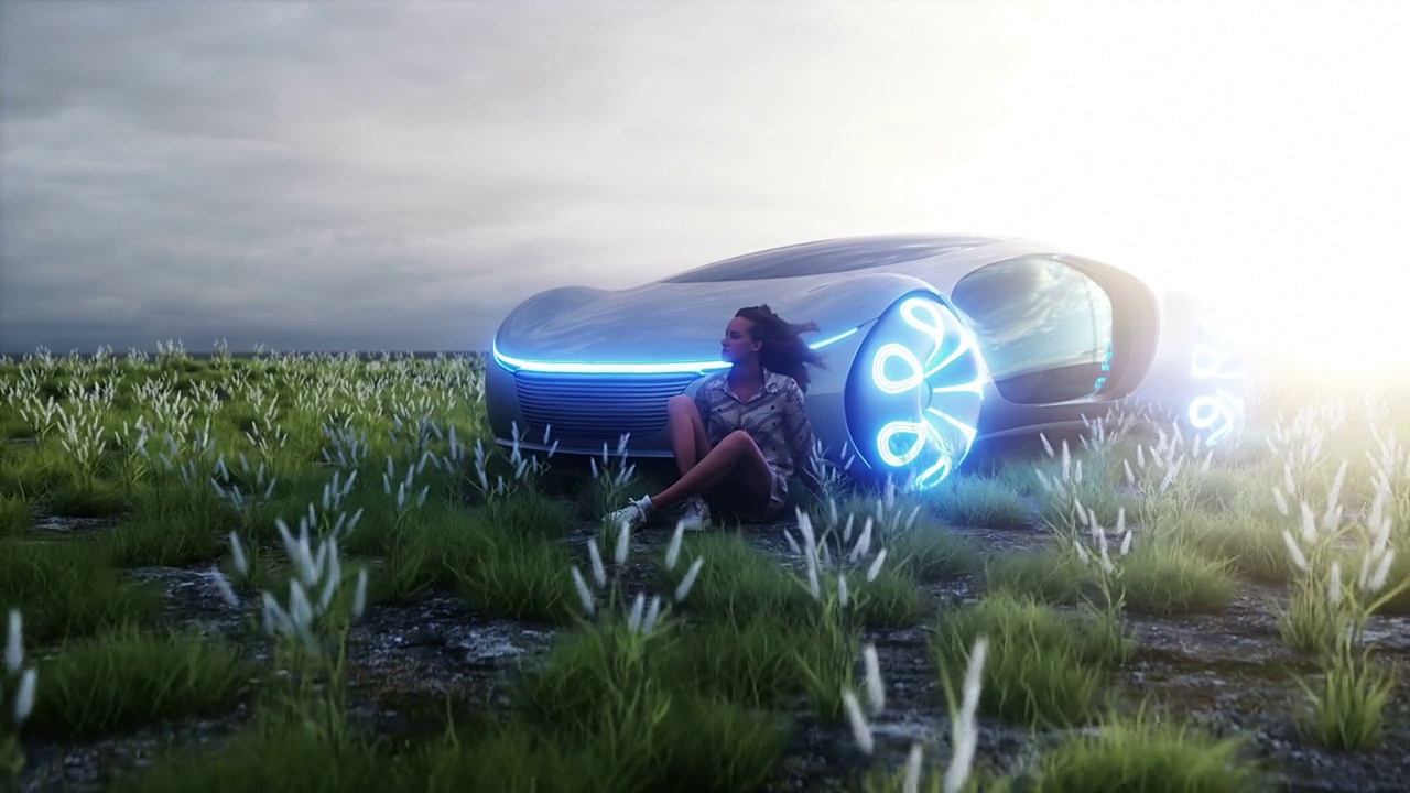 3d女孩和未来的电动汽车在瓦利。未来的概念。逼真的4k动画。视频下载