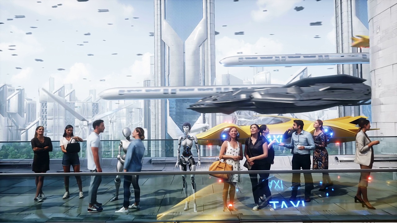 未来的城市。3d人和机器人。未来的概念。逼真的4k动画。视频素材