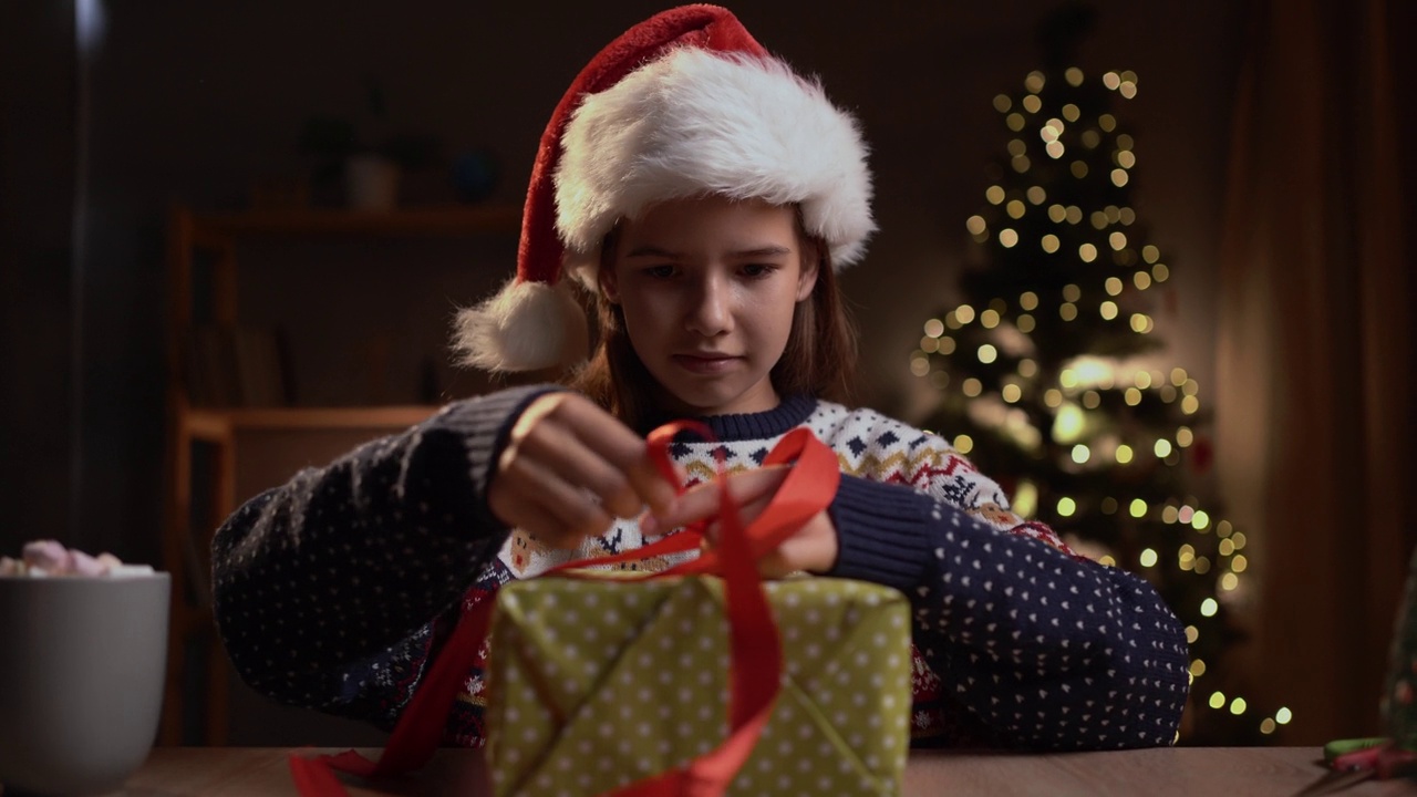 漂亮的十几岁的女孩把圣诞礼物包装在装饰好的家里视频下载