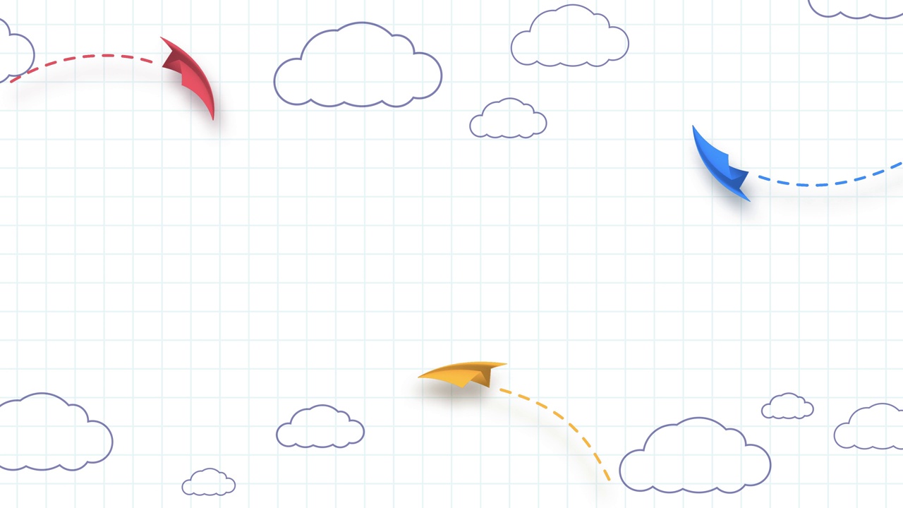 学校笔记本背景。3d在天空中飞着黄色、红色和蓝色的纸飞机，还有手绘的云。无缝循环卡通儿童飞机在空中动画。回到学校帧4k视频。视频下载