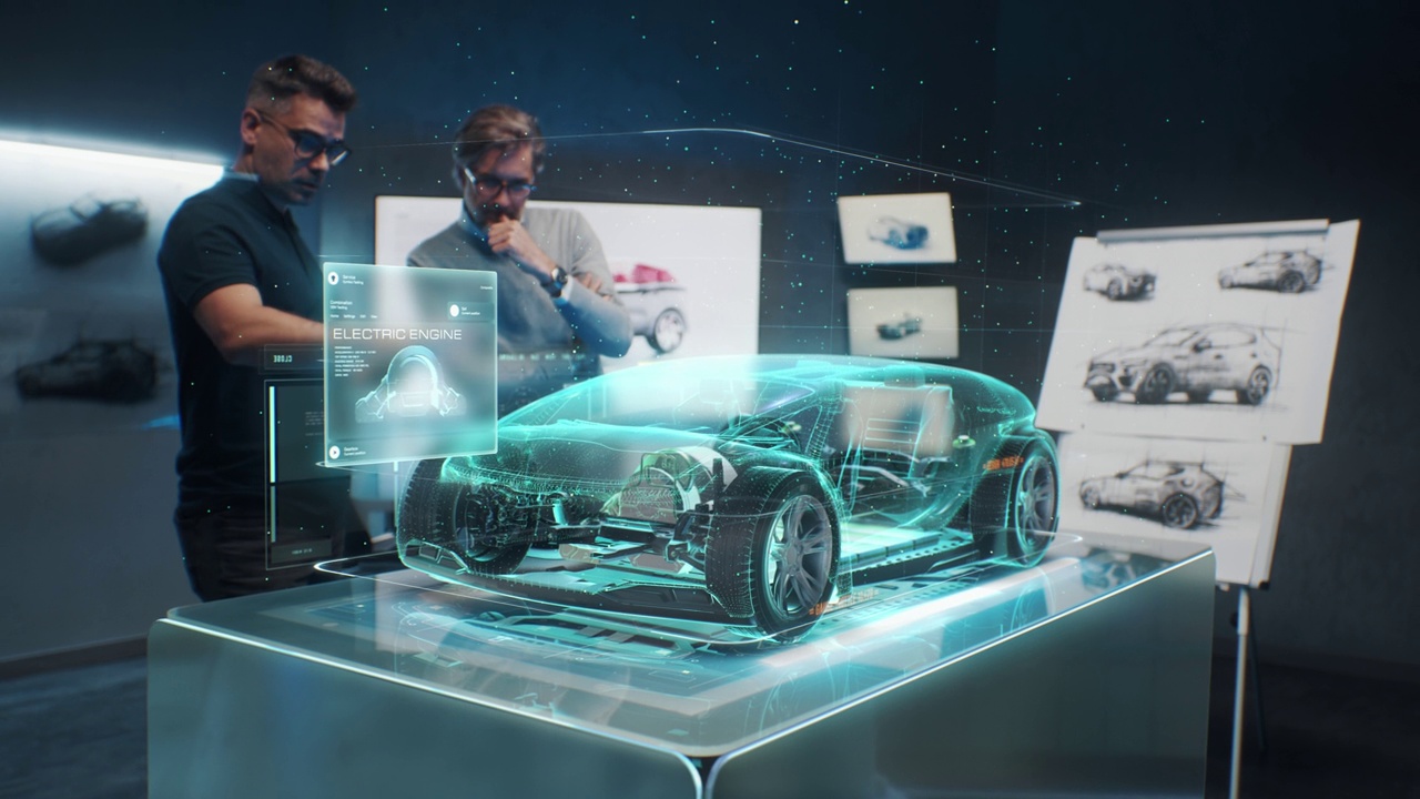 工程师使用未来的增强现实全息图选择车身视频素材