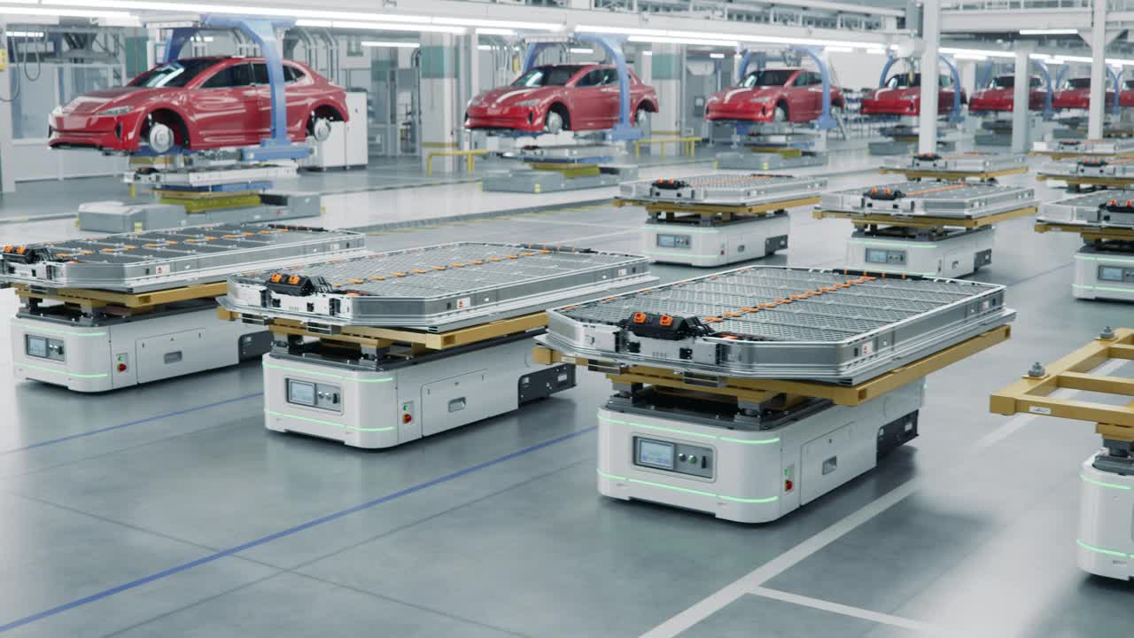 现代汽车工厂内装有电动汽车电池组的自动导引车。先进工厂电动汽车生产线。高性能电动汽车自主制造工艺视频素材