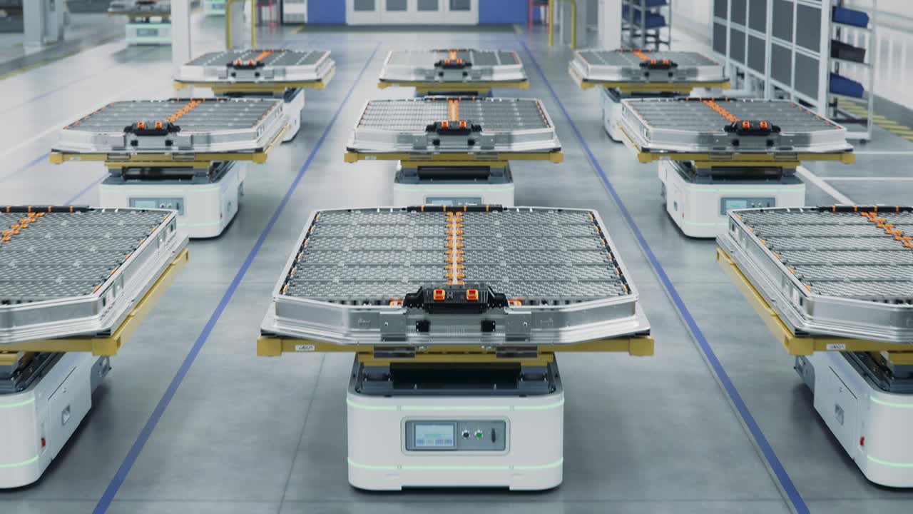 现代汽车智能工厂内一排排装载在AGV上的电动汽车电池组。工厂电动汽车生产线。高性能电动汽车自主制造工艺视频素材