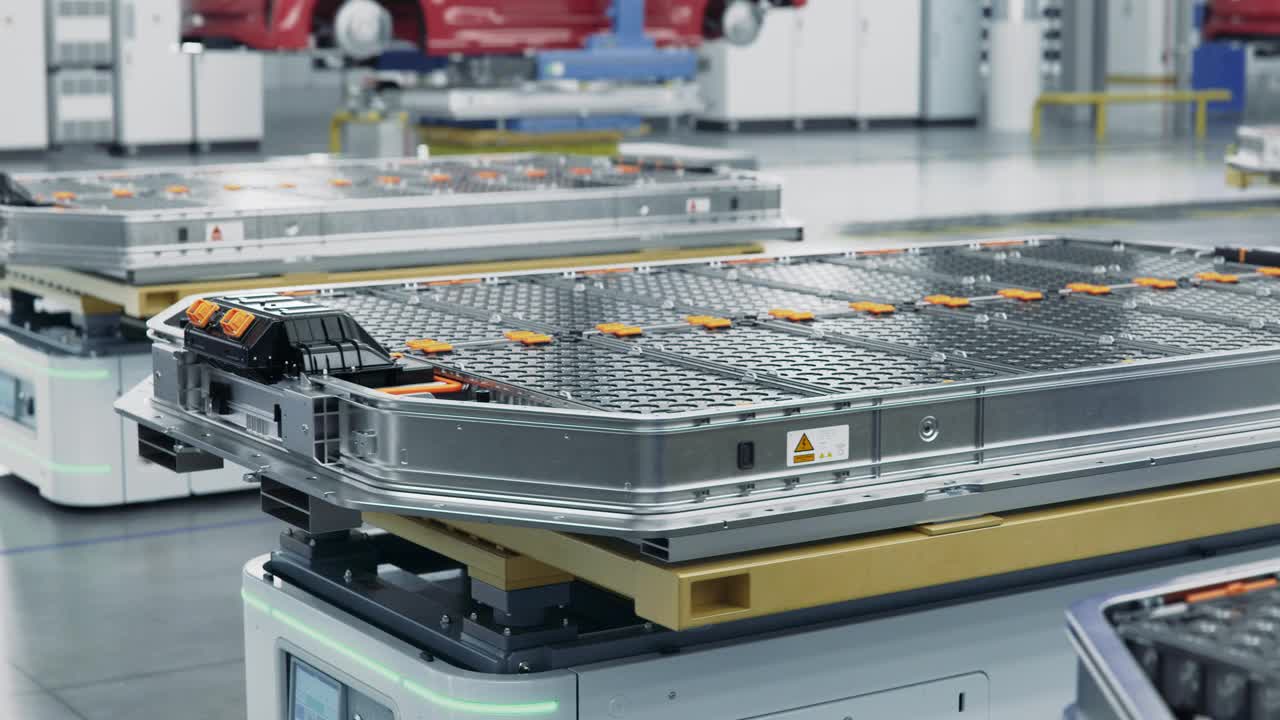 现代汽车智能工厂中装载在AGV上的电动汽车电池组。工厂电动汽车生产线。高性能电动汽车自主制造工艺视频素材