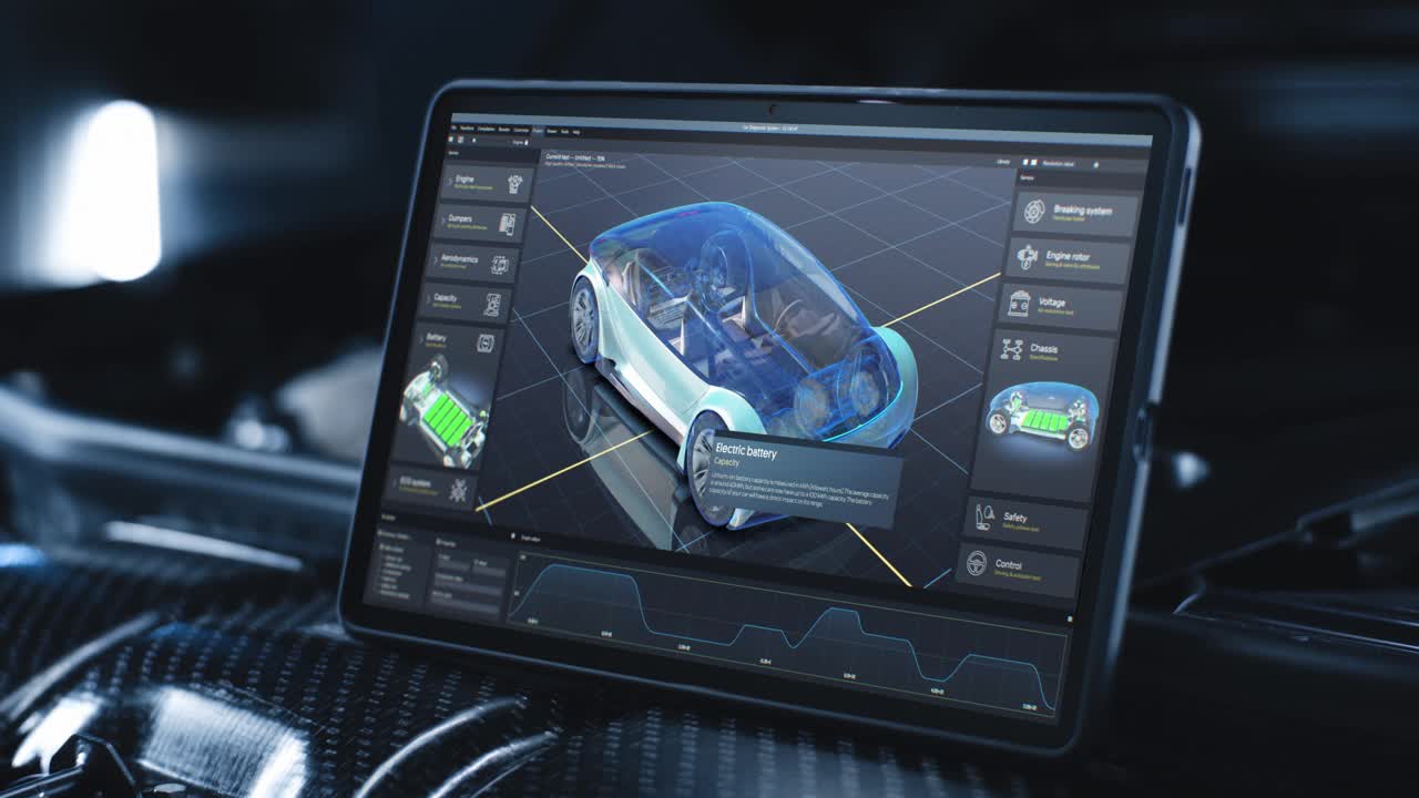平板电脑屏幕显示汽车诊断软件的三维可视化视频素材