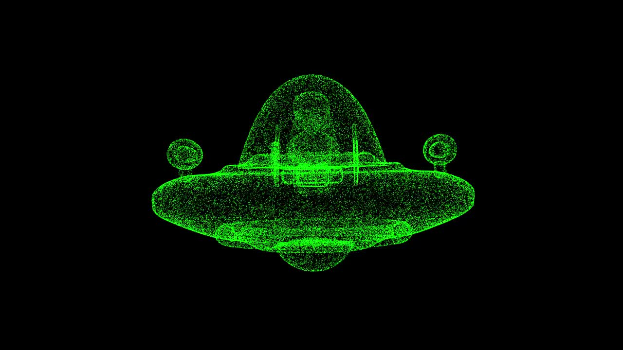 3D UFO在黑色背景上旋转。科幻小说的概念。外星人的飞船。商业广告背景。用于标题，文本，演示。3d动画60 FPS。视频素材