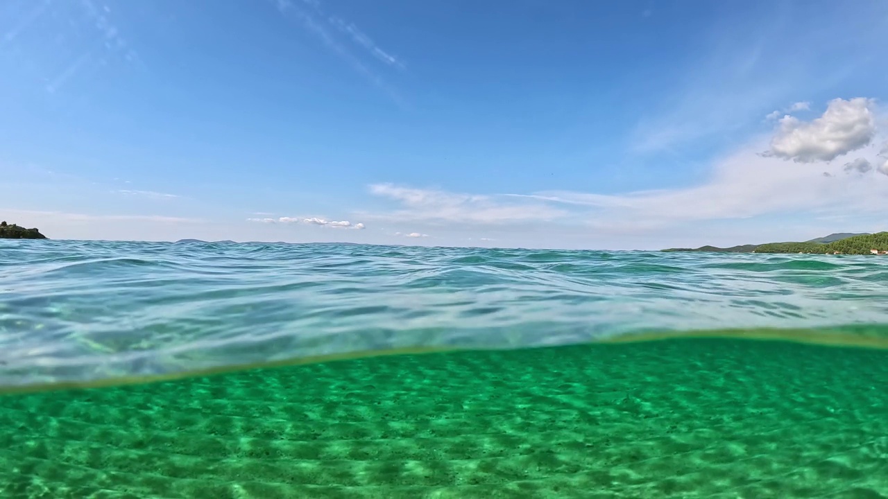 半水下的底部，蓝天和云的慢动作视图。希腊哈尔基迪基岛锡托尼亚清澈的海水。从空气和水的边界与圆顶拍摄视频下载