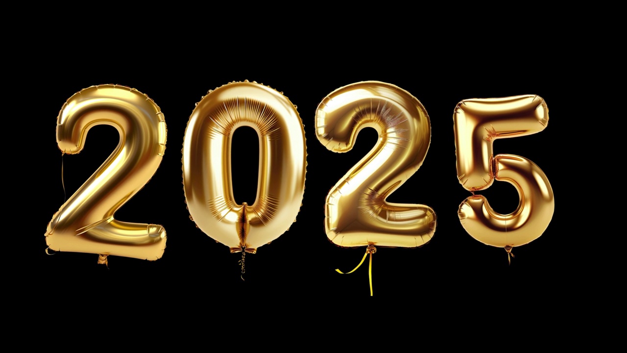 金色气球编号2025，黑色背景，动画，运动循环，视频片段，运动图形。视频下载