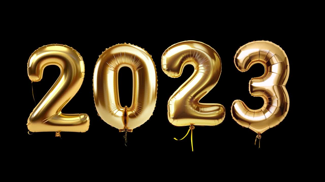 金色气球编号2023，黑色背景，动画，运动循环，视频片段，运动图形。视频下载
