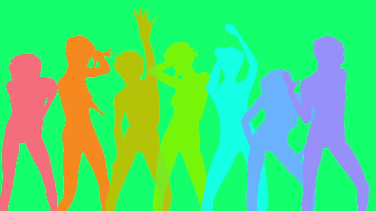 7个舞者的剪影与彩色频闪背景。视频下载