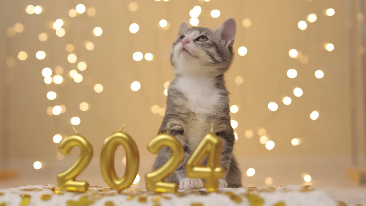 这只小猫平静地站在即将到来的2024年的数字后面视频下载