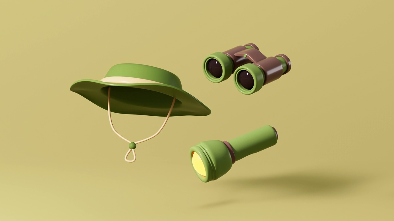 卡通双筒望远镜，帽子和手电筒，3d渲染。视频素材