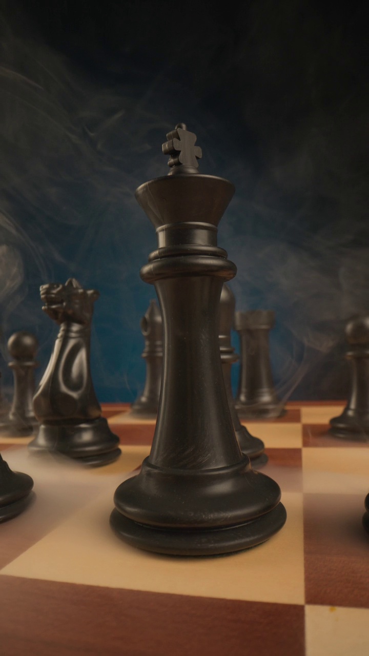 神秘的棋局在黑暗中与烟雾，打开灯和揭示战场上的主角视频下载